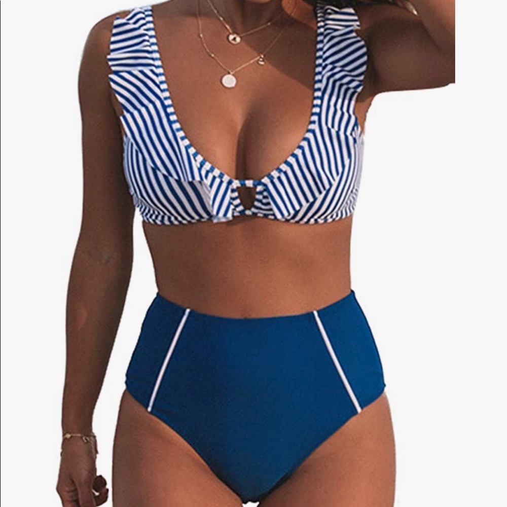 CUPSHE Blue Stripe High Waist Bikini, Medium